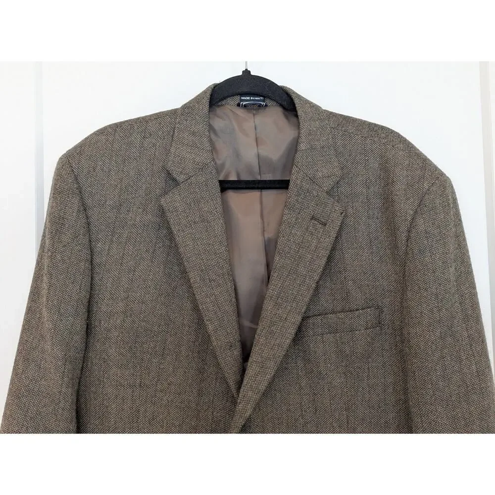 Nautica Mens 44R Blazer Beige Brown Sports Coat Elbow Patches 100% Wool Academia